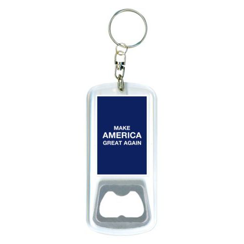 Bottle opener with key ring personalized with "Make America Great Again" design on blue