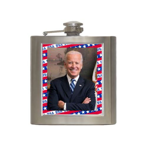 Durable steel flask personalized with Biden photo on red white and blue design