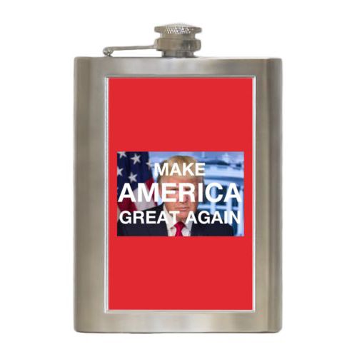 Durable steel flask personalized with Trump photo and "Make America Great Again" design
