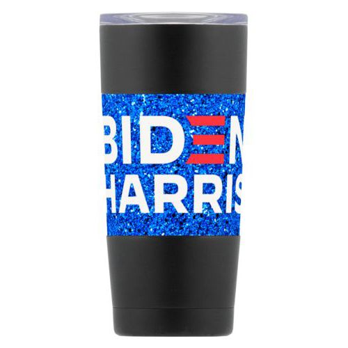 20oz insulated steel mug personalized with "Biden Harris" logo on blue design