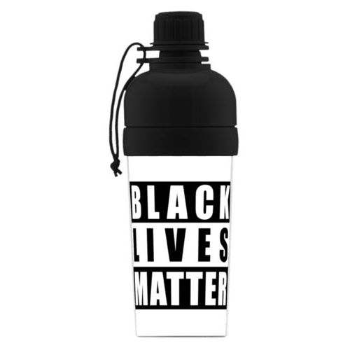 Custom sports bottle for kids personalized with "Black Lives Matter" black on white design