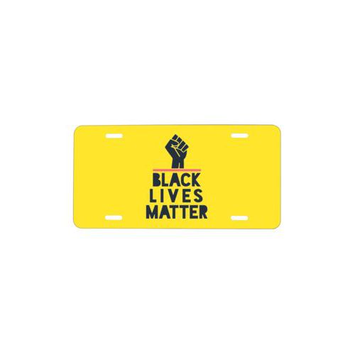 Personalized license plate personalized with "Black Lives Matter" and fist black on yellow design