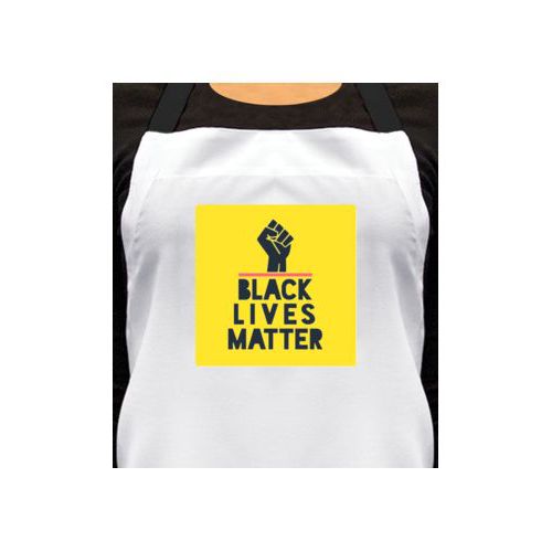 Custom apron personalized with "Black Lives Matter" and fist black on yellow design
