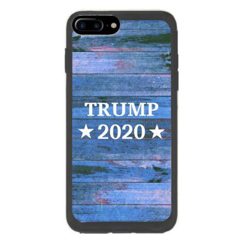 Custom protective phone case personalized with "Trump 2020" on blue wood grain design