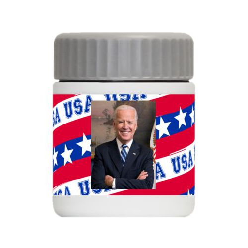 Personalized 12oz food jar personalized with Biden photo on red white and blue design