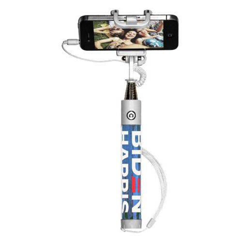 Personalized selfie stick personalized with "Biden Harris" logo on blue wood design