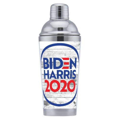 Personalized coctail shaker personalized with "Biden Harris 2020" round logo on wood grain design