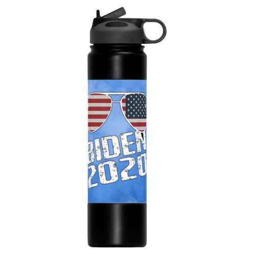 24oz insulated steel sports bottle personalized with "Biden 2020" sunglasses on blue cloud design
