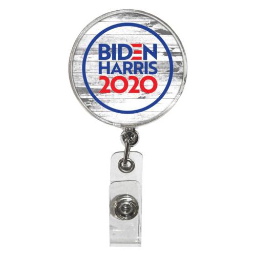 Personalized badge reel personalized with "Biden Harris 2020" round logo on wood grain design