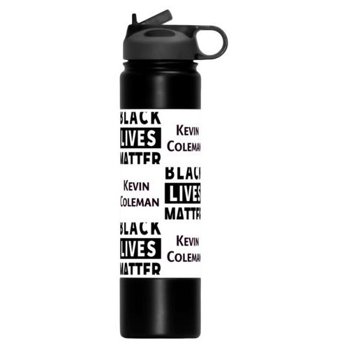 24oz insulated steel sports bottle personalized with "Black Lives Matter" and a name black on white tiled design