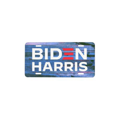 Personalized license plate personalized with "Biden Harris" logo on blue wood design