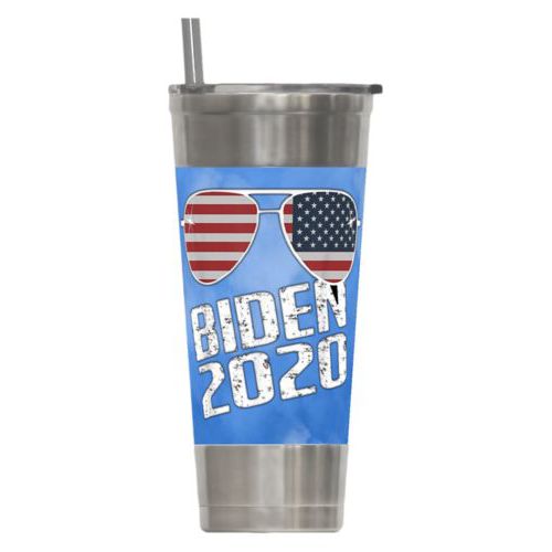 24oz insulated steel tumbler personalized with "Biden 2020" sunglasses on blue cloud design