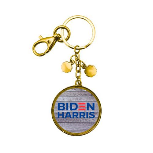 Personalized keychain personalized with "Biden Harris" logo on wood grain design