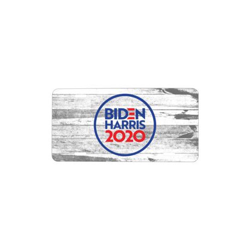 Personalized license plate personalized with "Biden Harris 2020" round logo on wood grain design