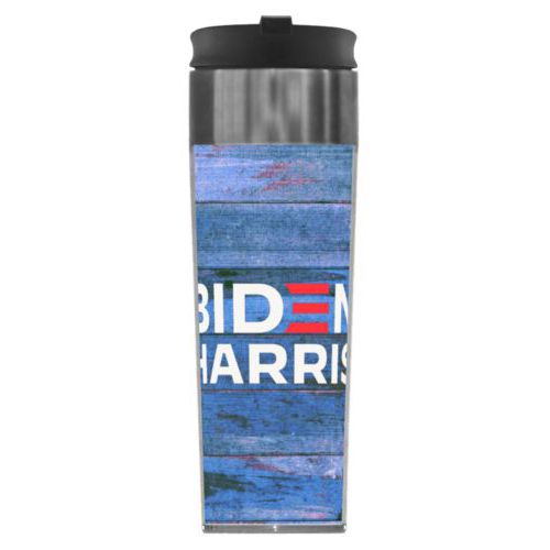 Mug personalized with "Biden Harris" logo on blue wood design