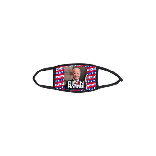 Custom facemask personalized with Biden photo and "Biden Harris" logo on red white and blue design