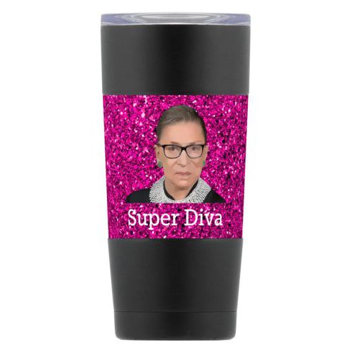 20oz insulated steel mug personalized with Ruth Bader Ginsburg drawing and "Super Diva" design