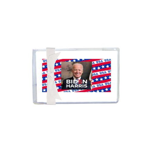 Enclosure cards personalized with Biden photo and "Biden Harris" logo on red white and blue design