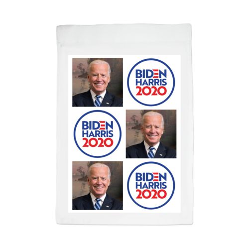 Custom yard flag personalized with "Biden Harris 2020" round logo and Biden photo tile design