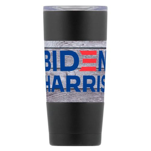 20oz double-walled steel mug personalized with "Biden Harris" logo on wood grain design