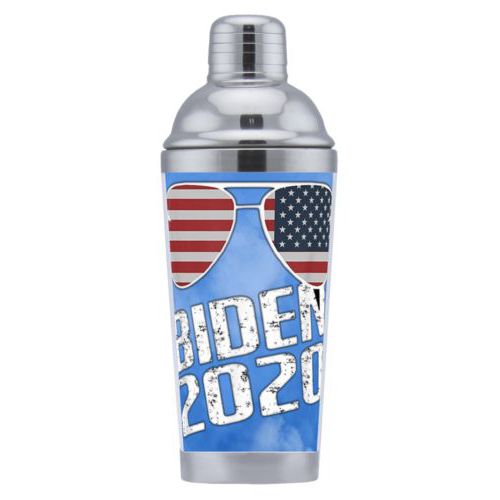 Personalized coctail shaker personalized with "Biden 2020" sunglasses on blue cloud design