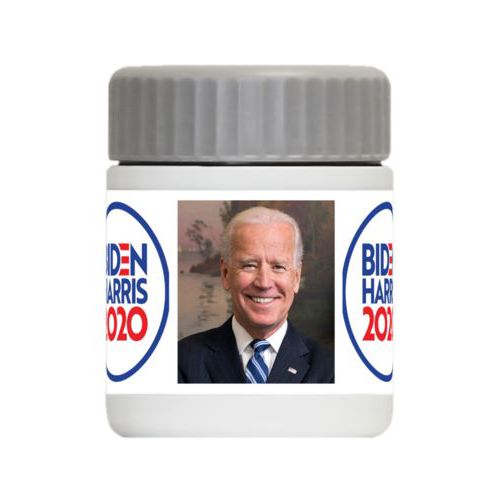 Personalized 12oz food jar personalized with "Biden Harris 2020" round logo and Biden photo tile design