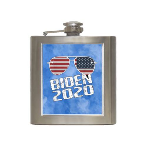 Durable steel flask personalized with "Biden 2020" sunglasses on blue cloud design
