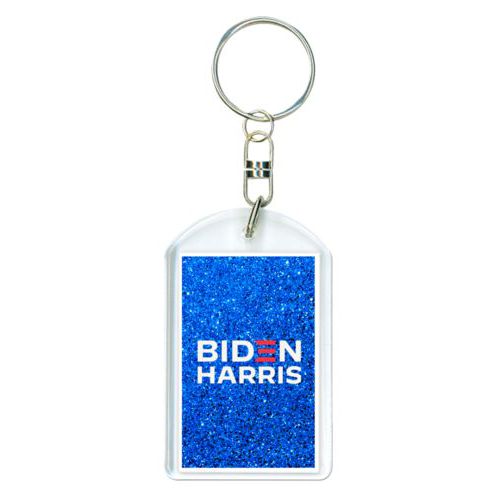 Custom keychain personalized with "Biden Harris" logo on blue design