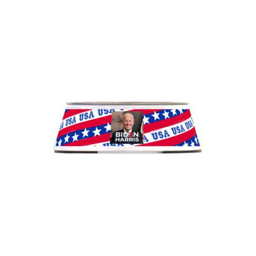 Stainless steel bowl personalized with Biden photo and "Biden Harris" logo on red white and blue design