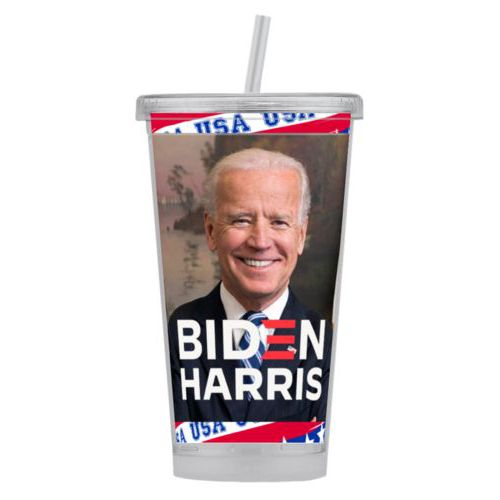 Tumbler personalized with Biden photo and "Biden Harris" logo on red white and blue design