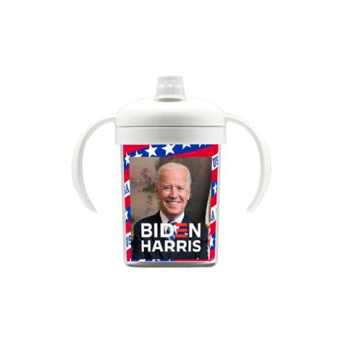 Personalized sippy cup personalized with Biden photo and "Biden Harris" logo on red white and blue design