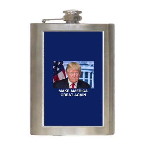 Durable steel flask personalized with Trump photo with "Make America Great Again" design