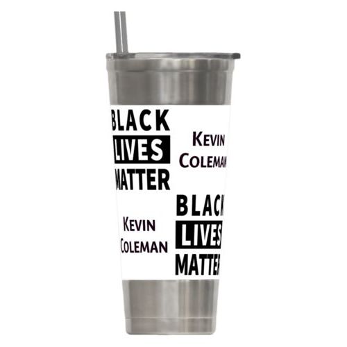 24oz insulated steel tumbler personalized with "Black Lives Matter" and a name black on white tiled design