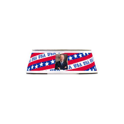 Stainless steel bowl in a melamine outer cover personalized with Biden photo on red white and blue design