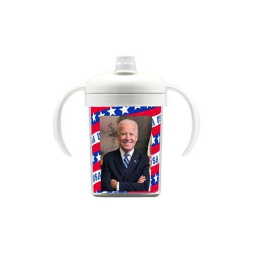 Personalized sippy cup personalized with Biden photo on red white and blue design