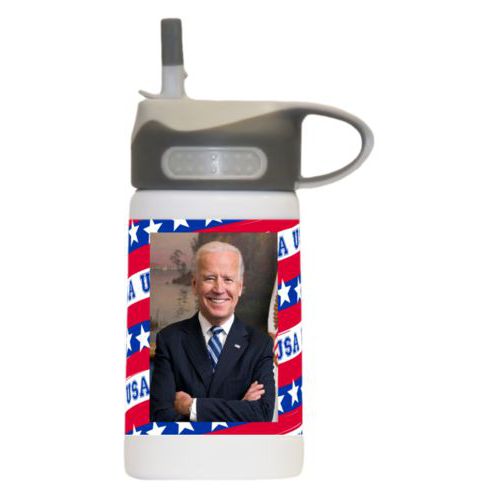 12oz insulated steel sports bottle personalized with Biden photo on red white and blue design