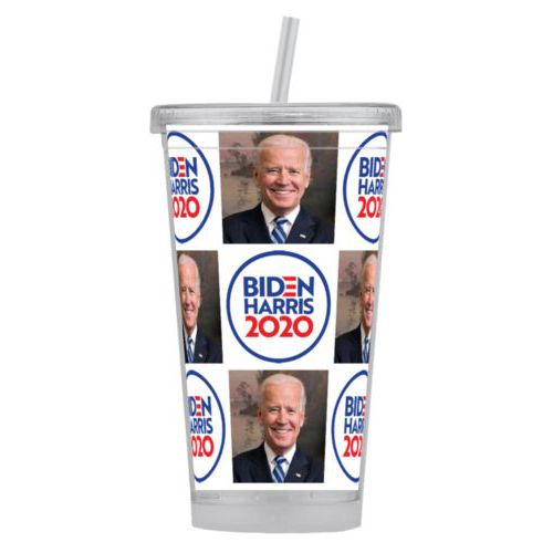 Tumbler personalized with "Biden Harris 2020" round logo and Biden photo tile design