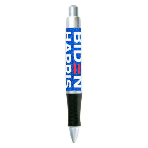 Custom pen personalized with "Biden Harris" logo on blue design