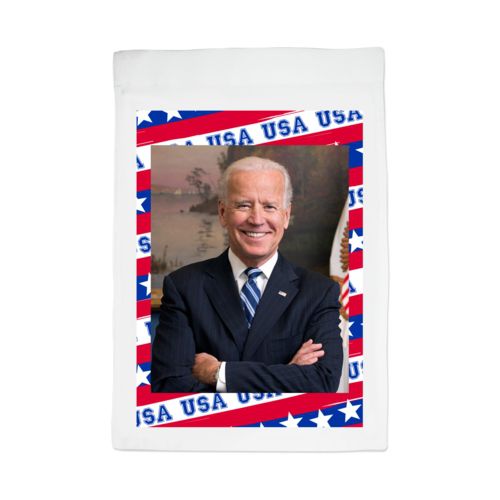 Custom yard flag personalized with Biden photo on red white and blue design