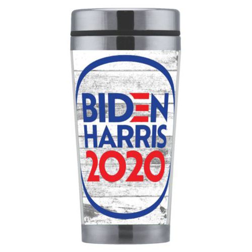 Mug personalized with "Biden Harris 2020" round logo on wood grain design