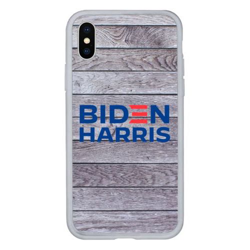 Custom protective phone case personalized with "Biden Harris" logo on wood grain design