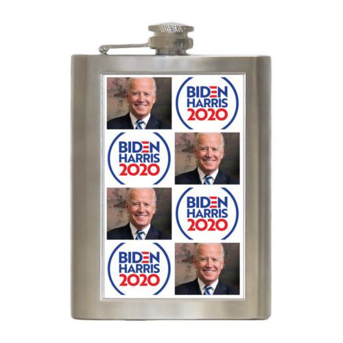 Durable steel flask personalized with "Biden Harris 2020" round logo and Biden photo tile design