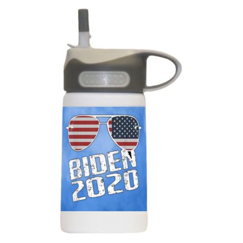 12oz insulated steel sports bottle personalized with "Biden 2020" sunglasses on blue cloud design