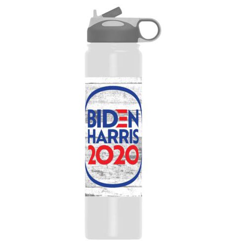 24oz insulated steel sports bottle personalized with "Biden Harris 2020" round logo on wood grain design