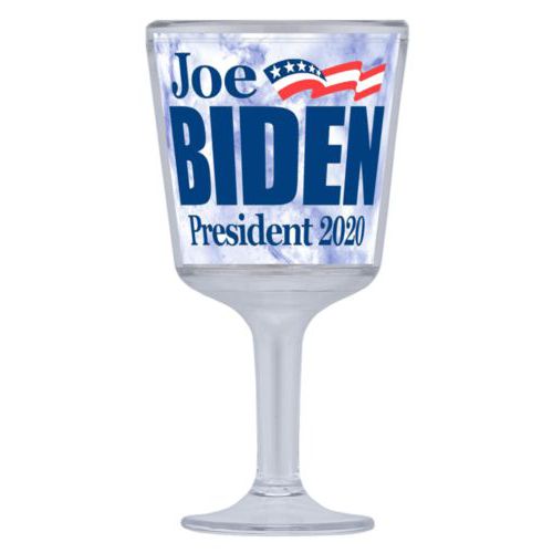 Plastic wine glass personalized with "Joe Biden President 2020" logo on cloud design