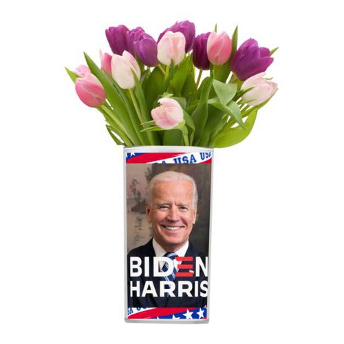 Custom vase personalized with Biden photo and "Biden Harris" logo on red white and blue design