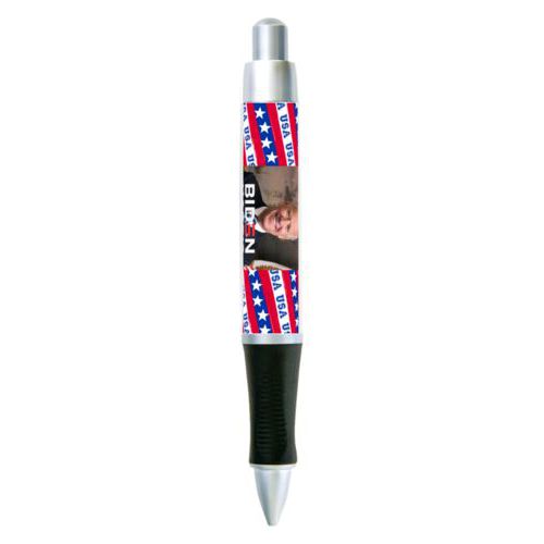 Custom pen personalized with Biden photo and "Biden Harris" logo on red white and blue design