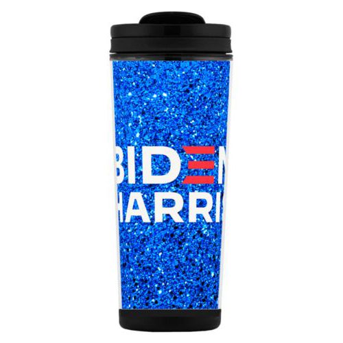 Tall mug personalized with "Biden Harris" logo on blue design