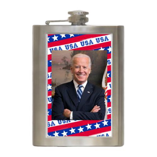 Durable steel flask personalized with Biden photo on red white and blue design