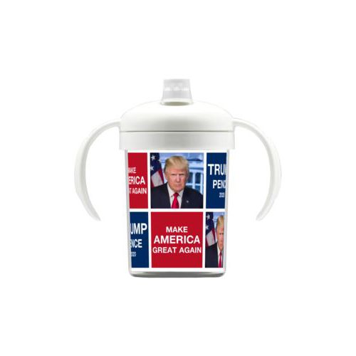 Personalized sippy cup personalized with Trump photo with "Trump Pence 2020" and "Make America Great Again" tiled design